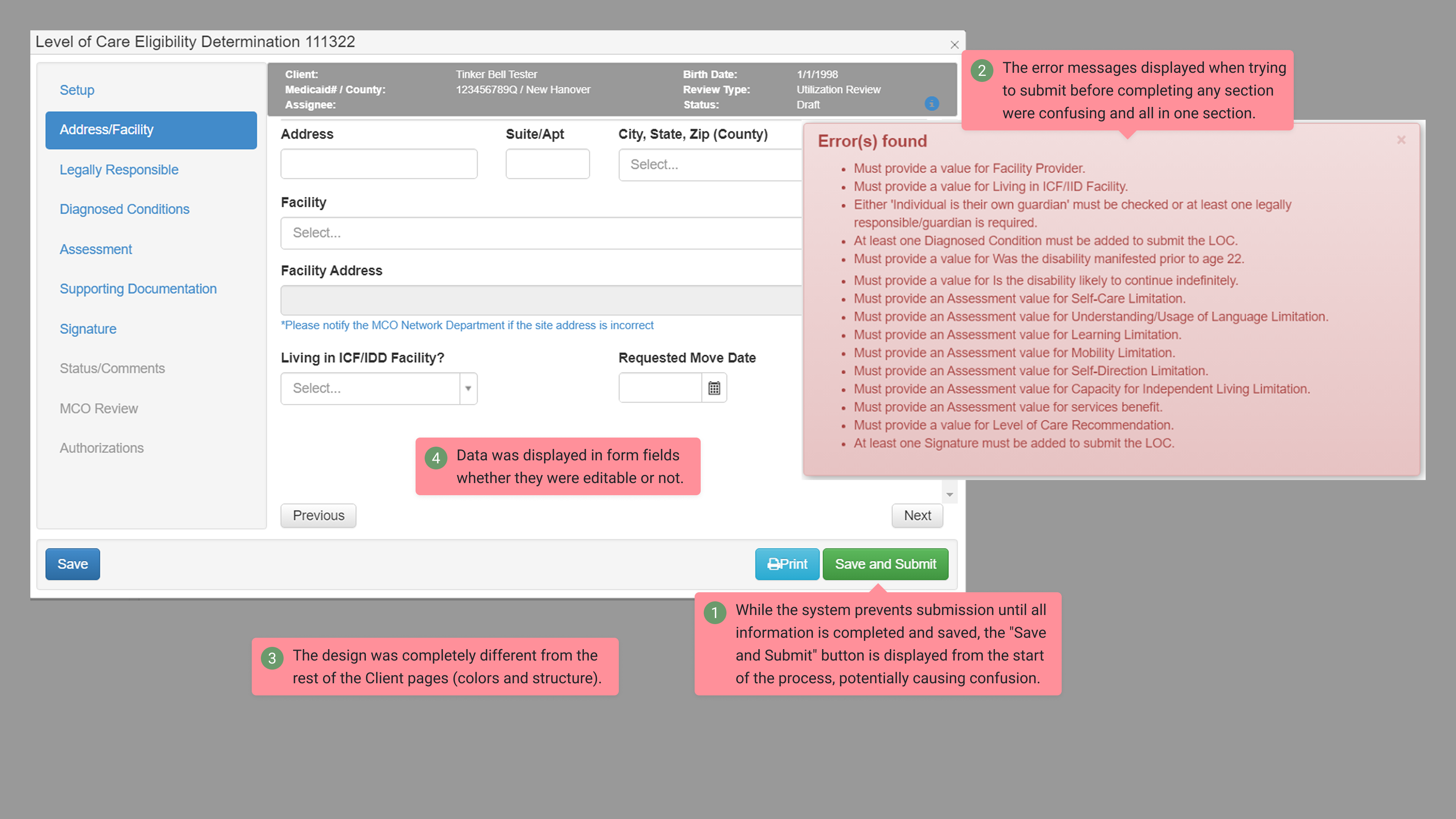 Original Level of Care Eligibility page